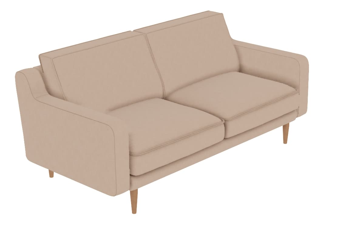 A contemporary two-seater sofa featuring a clean, minimalist design upholstered in a light beige fabric. It has two distinct seat cushions and two back cushions, all with subtle piping details. The arms are relatively thin and slightly rounded, often referred to as track arms. The sofa is elevated on four slender, tapered wooden legs, contributing to its modern aesthetic. — 3D model