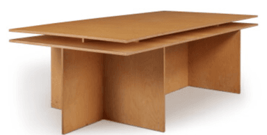 A minimalist desk constructed from light-colored plywood, featuring a distinctive floating top design. The desk is supported by two solid panel legs on the sides and a central full-height panel that also functions as a modesty panel. The layered edges of the plywood are visible, enhancing its modern aesthetic. — 3D model