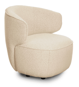 A single contemporary accent chair upholstered in a cream-colored bouclé fabric, featuring a soft, rounded silhouette with integrated backrest and armrests. The chair has a plush, inviting appearance and sits on a recessed base, giving it a grounded yet elegant presence. — 3D model