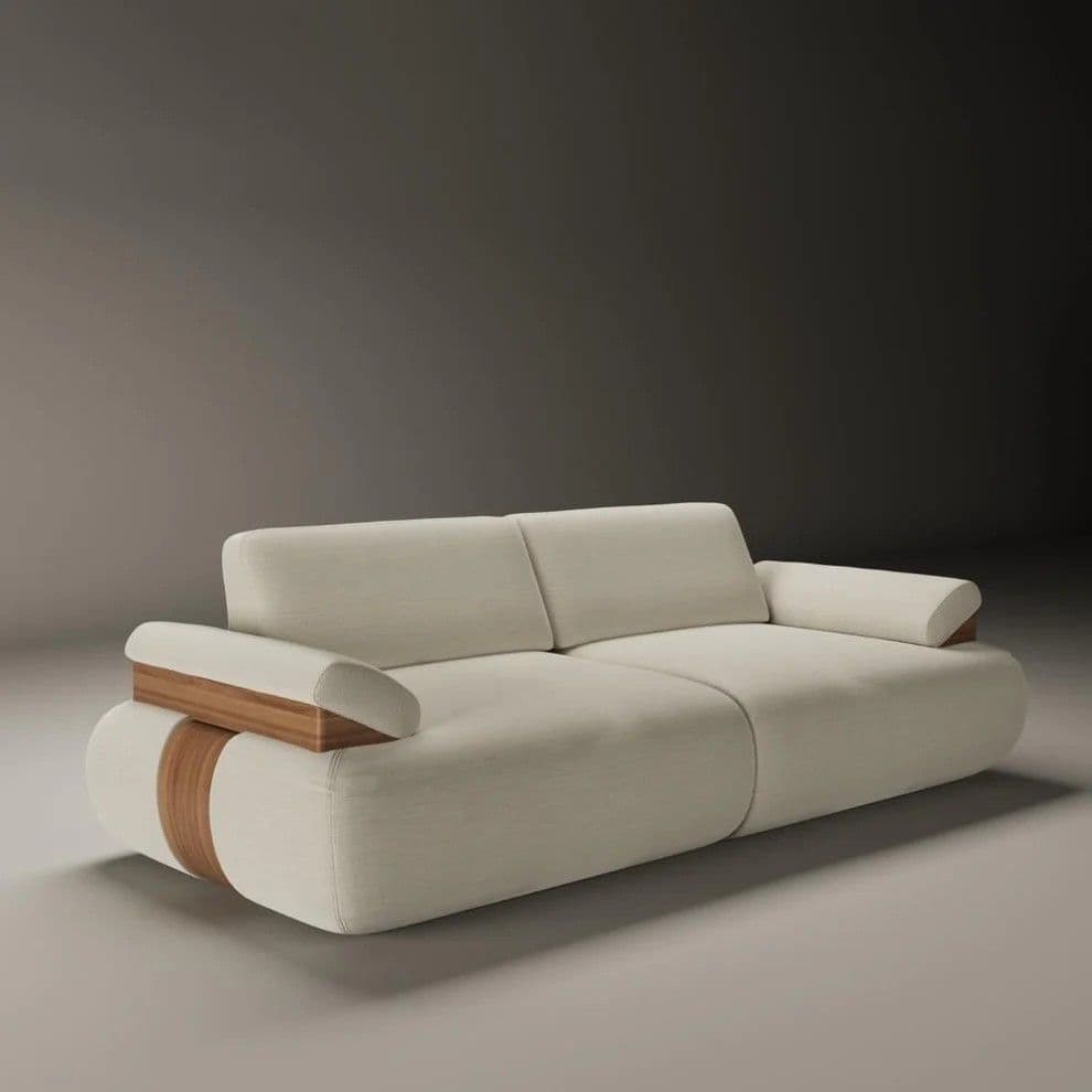 A contemporary two-seater sofa featuring a rounded, organic silhouette upholstered in a light, cream-colored fabric. Distinctive wooden accents are integrated into the lower back and armrest sections, providing a contrast in material and texture. The armrests are softly rolled, and the sofa appears to have two separate seat cushions. — 3D model