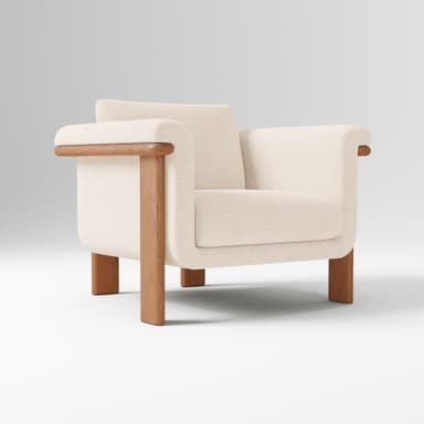 A contemporary armchair featuring a solid wood frame with natural wood grain visible. The seating and backrest are upholstered in a textured, light-colored fabric. The design incorporates a rounded aesthetic with distinct block-style wooden legs and integrated armrests that extend from the frame. — 3D model