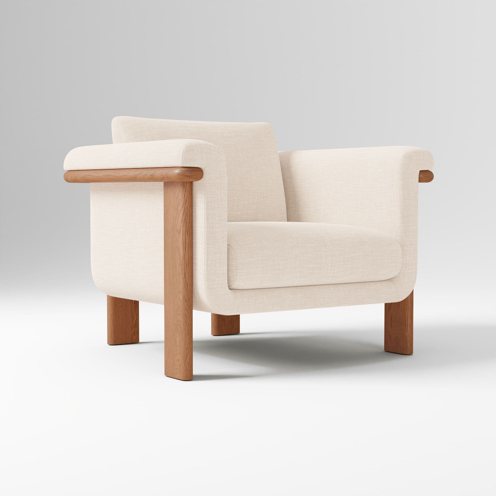 A contemporary armchair featuring a solid wood frame with natural wood grain visible. The seating and backrest are upholstered in a textured, light-colored fabric. The design incorporates a rounded aesthetic with distinct block-style wooden legs and integrated armrests that extend from the frame. — 3D model