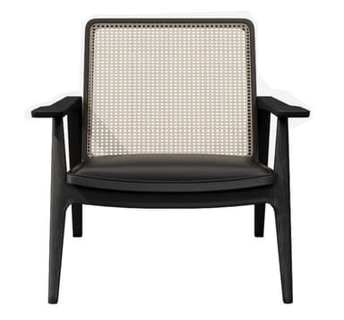 A modern armchair featuring a dark wood frame with a woven cane backrest and a dark upholstered seat. The armchair has a rectangular back, straight armrests that extend from the back frame, and four tapered legs. — 3D model