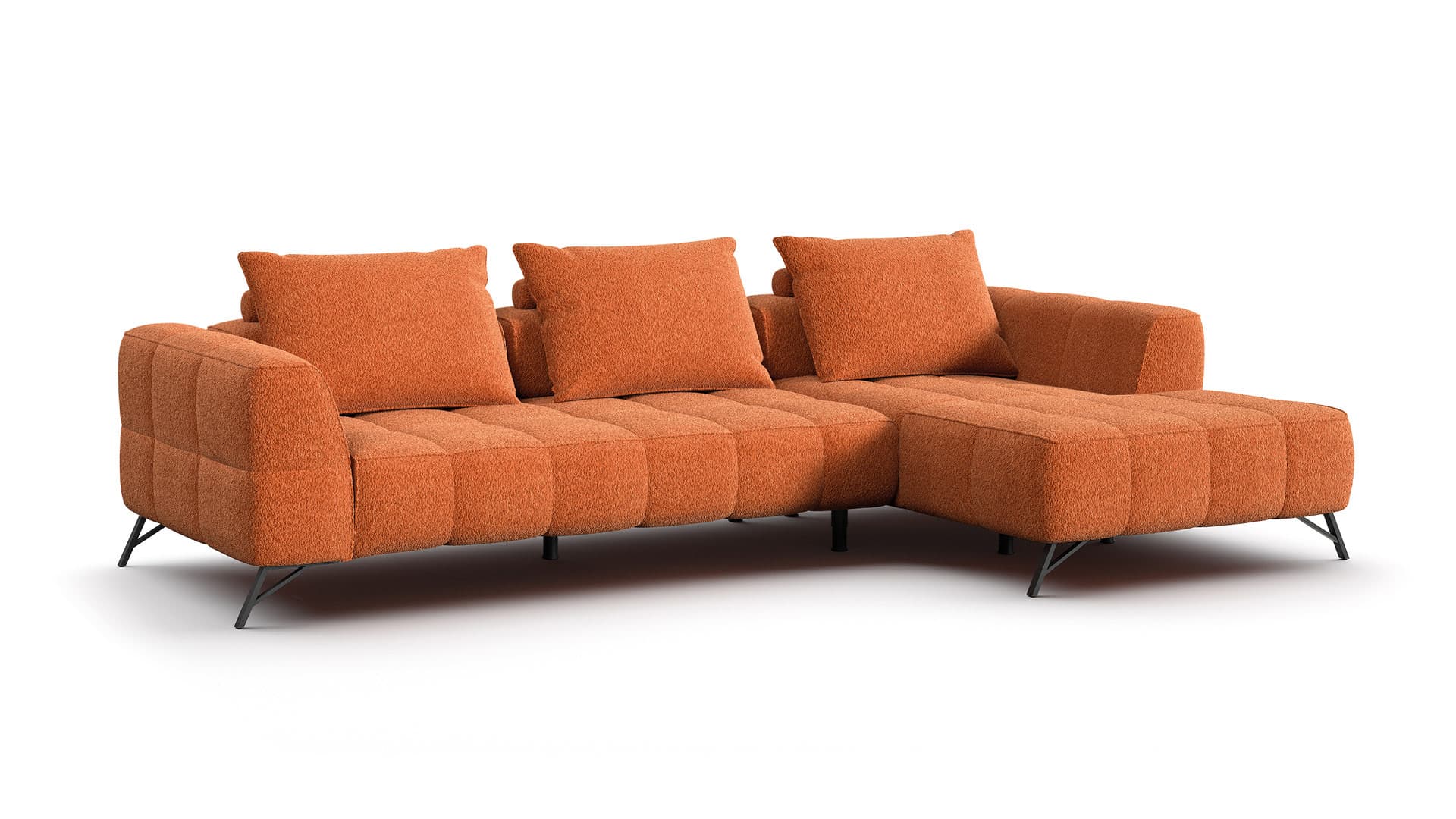 A modern sectional sofa with an L-shaped configuration, featuring a chaise lounge extension. The sofa is upholstered in a textured orange fabric with a diamond tufted pattern on the arms and base. It includes several loose back cushions and is supported by thin, dark metal legs. — 3D model