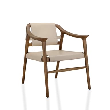 A contemporary armchair featuring a robust wooden frame with curved armrests and slung upholstery. The seat and backrest are constructed from light-colored leather or faux leather straps, securely fastened to the wooden structure with visible brass-toned hardware, creating a distinctive safari-inspired aesthetic. — 3D model
