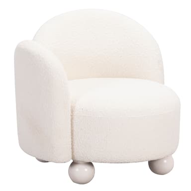 A contemporary armchair featuring an asymmetrical design with a single armrest. It is upholstered in a textured, cream-colored boucle fabric, presenting a soft and rounded silhouette. The chair is supported by four spherical ball feet, providing a distinctive and stable base. Its overall aesthetic is plush and modern. — 3D model
