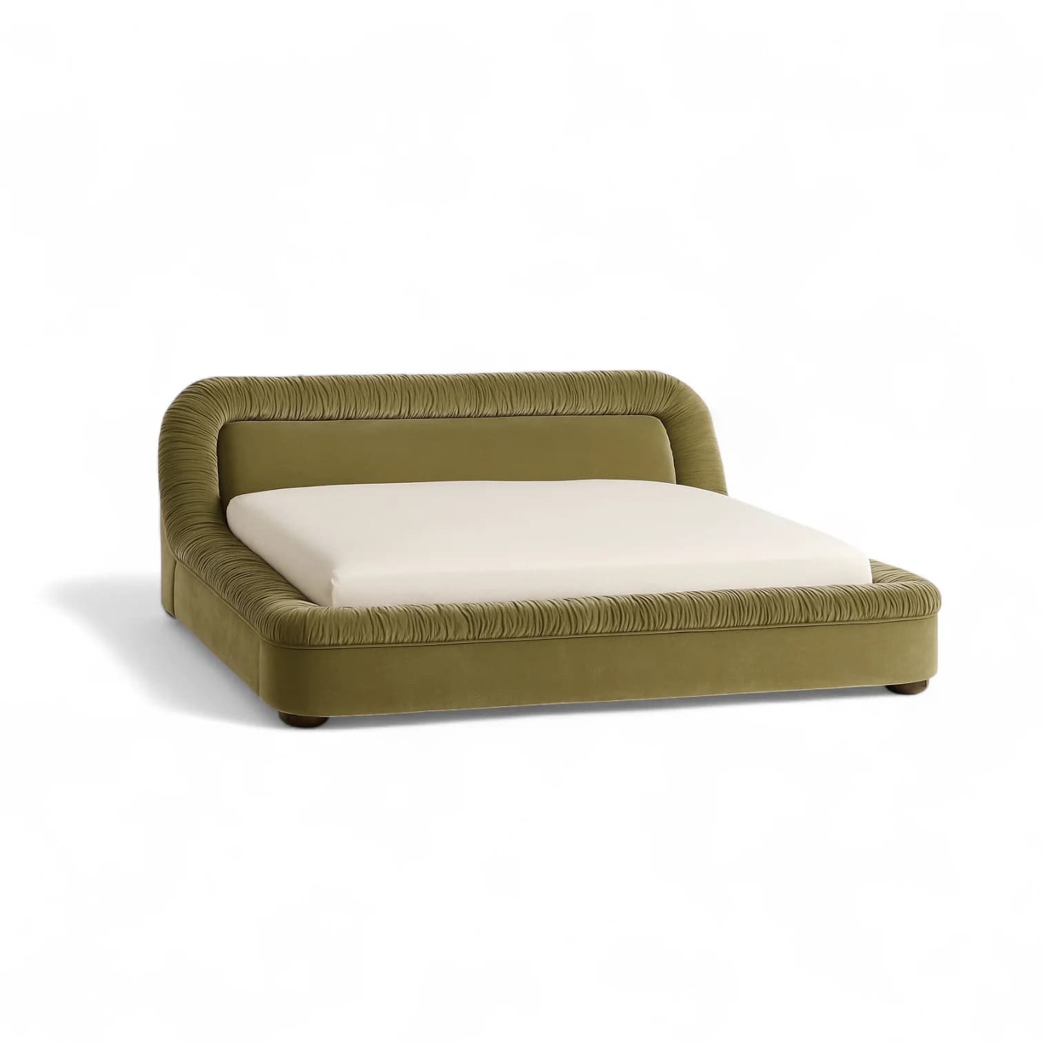 A low-profile upholstered platform bed in an olive green fabric, featuring a distinctive pleated or ruched detail on the headboard and along the side rails. — 3D model