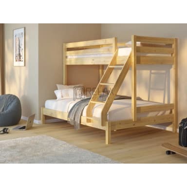 A wooden bunk bed with a slatted frame, featuring a ladder for access to the top bunk. Both bunks are furnished with pillows and bedding in white and gray. — 3D model