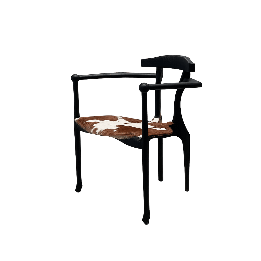 A contemporary armchair with a dark, possibly black, wooden frame and a seat upholstered with cowhide. The frame has a curved backrest that extends into armrests, supported by four legs. The seat is contoured and covered with a hide featuring a distinctive brown and white pattern. — 3D model