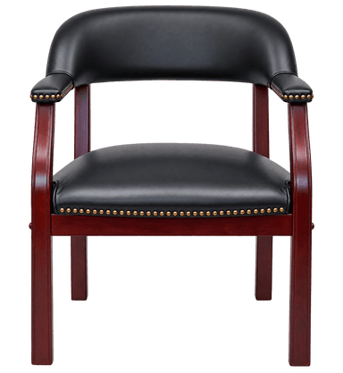 A traditional style armchair featuring a rich reddish-brown wood frame, often associated with mahogany or cherry finishes. The seat and curved backrest are upholstered in black faux leather, detailed with antique brass nailhead trim along the edges of the seat and armrests. The chair has sturdy, slightly tapered wooden legs. — 3D model