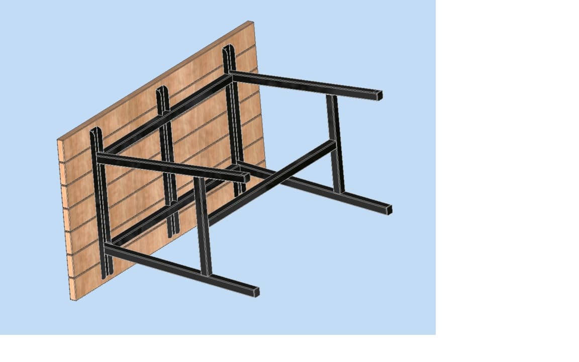 A rectangular table featuring a top made of parallel wooden slats in a light, natural finish. The table is supported by a sturdy black metal H-frame base with multiple reinforcing crossbars. — 3D model