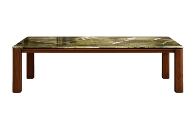 A rectangular console table featuring a richly veined green marble top supported by a sturdy wooden frame and four straight, rectangular legs. — 3D model