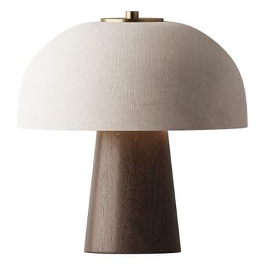 A modern table lamp featuring a large, domed shade made of a textured off-white fabric, resting on a conical base crafted from dark-stained wood. A small brass detail connects the shade to the base at the top. The overall design is minimalist and contemporary. — 3D model
