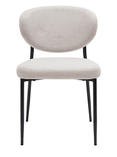 An armless dining chair featuring a curved, upholstered backrest and a complementary upholstered seat. The chair stands on four slender, tapered black metal legs, giving it a minimalist and modern aesthetic. The upholstery is a light beige or off-white fabric. — 3D model