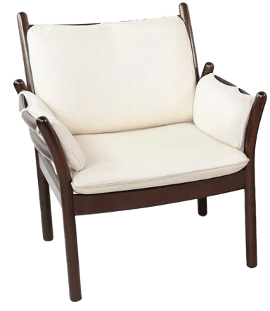 A dark-stained wooden armchair with a tall, slightly curved back and integrated armrests. The chair features upholstered cushions for the seat and back, rendered in a light, off-white fabric. The frame exhibits a minimalist design with slender legs and support structures, suggestive of mid-century modern aesthetics. — 3D model