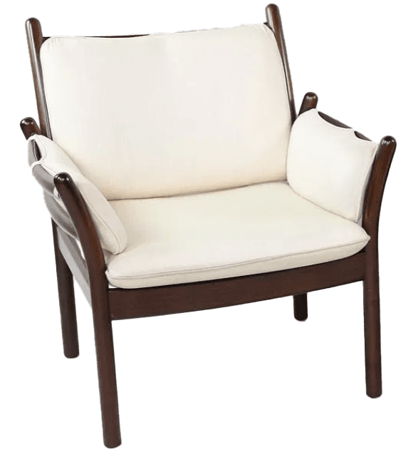 A dark-stained wooden armchair with a tall, slightly curved back and integrated armrests. The chair features upholstered cushions for the seat and back, rendered in a light, off-white fabric. The frame exhibits a minimalist design with slender legs and support structures, suggestive of mid-century modern aesthetics. — 3D model