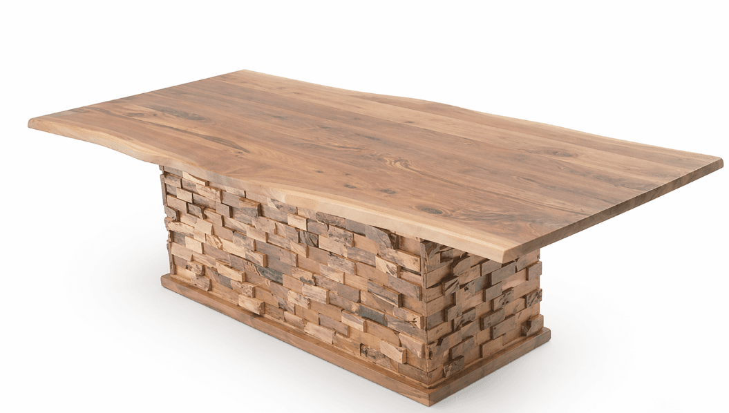 A rectangular dining table with a live-edge wooden top and a unique, stacked block base. The tabletop exhibits natural wood grain and color variations. The base is constructed from numerous small, irregular wooden blocks arranged in a mosaic-like pattern, creating a textured and artisanal appearance. The overall aesthetic is rustic yet modern. — 3D model
