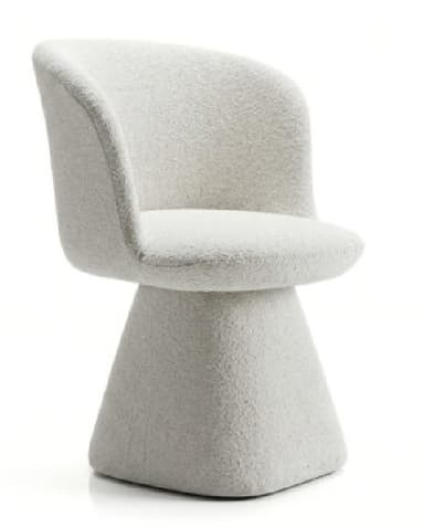 A modern upholstered chair featuring a single, tapered pedestal base and a curved, shell-like seat and backrest, entirely covered in a light gray boucle-style fabric. — 3D model