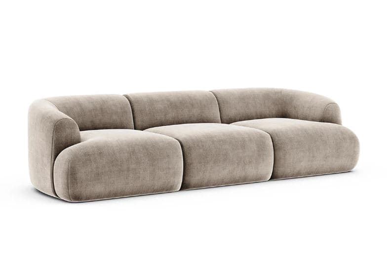 A modular sofa with three distinct seating units, featuring rounded edges and a low profile. The sofa has a contemporary design with a plush, textured upholstery. Each segment appears to be upholstered individually and joined together to form a cohesive seating arrangement. The armrests are integrated into the overall rounded form of the sofa. — 3D model