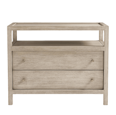 A rectangular nightstand crafted from whitewashed wood, featuring two bottom drawers with brass knob hardware and an open display shelf situated above them. The top surface has a slightly raised perimeter edge. — 3D model