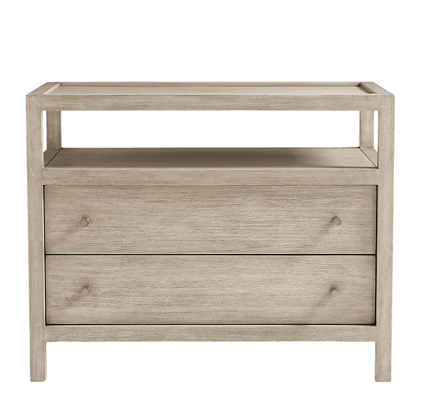 A rectangular nightstand crafted from whitewashed wood, featuring two bottom drawers with brass knob hardware and an open display shelf situated above them. The top surface has a slightly raised perimeter edge. — 3D model