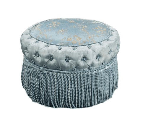 A round, upholstered ottoman featuring a light blue damask-patterned top surface, deeply tufted sides in a solid light blue fabric, and a long, matching light blue tassel fringe around its base. — 3D model