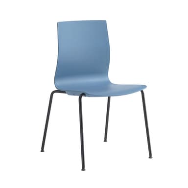 A modern red chair with a single-piece molded seat and backrest, supported by four slender, silver-toned metal legs. The seat and back have a subtle, ergonomic curve. The legs are angled outwards for stability and terminate in small black protective caps. — 3D model