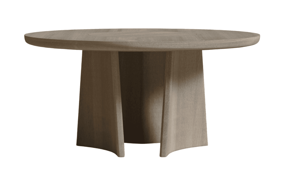 A contemporary round dining table with a sculptural base. The tabletop is flat with a subtle inset detail. The pedestal base consists of three curved, tapering panels that meet at the center, creating an organic, flowing form. — 3D model