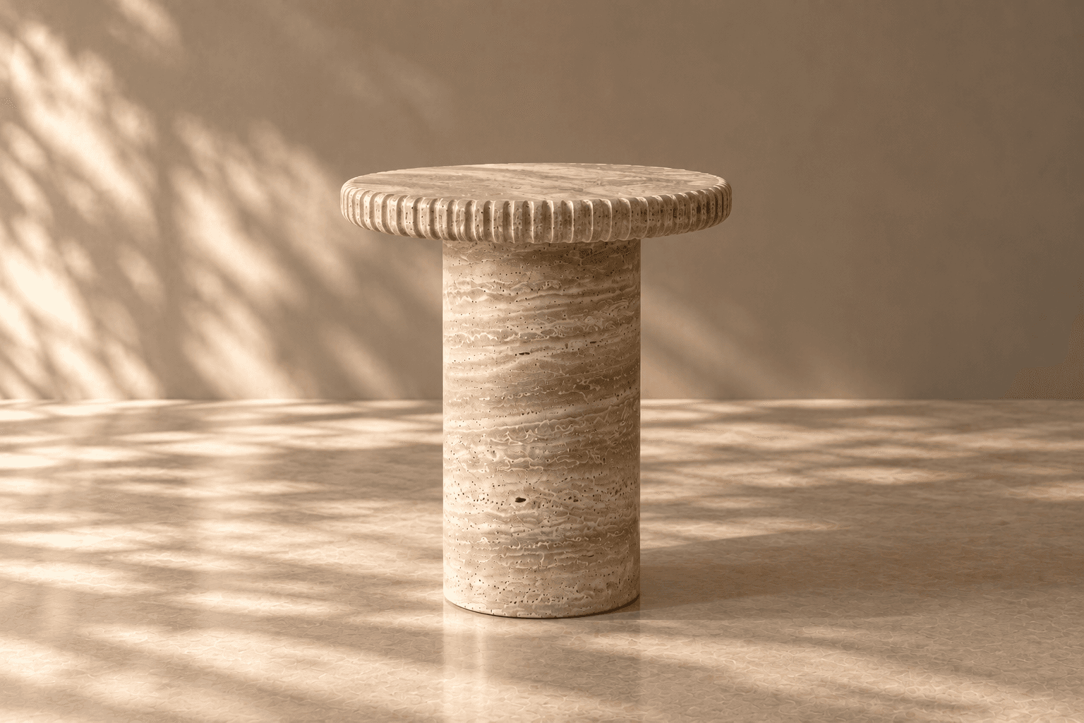 A small, round side table constructed entirely from natural travertine stone. It features a solid cylindrical pedestal base supporting a circular tabletop. The edge of the tabletop is distinctly fluted, providing a textural detail. The travertine exhibits its characteristic porous surface and natural striations in earthy beige and light brown tones. — 3D model