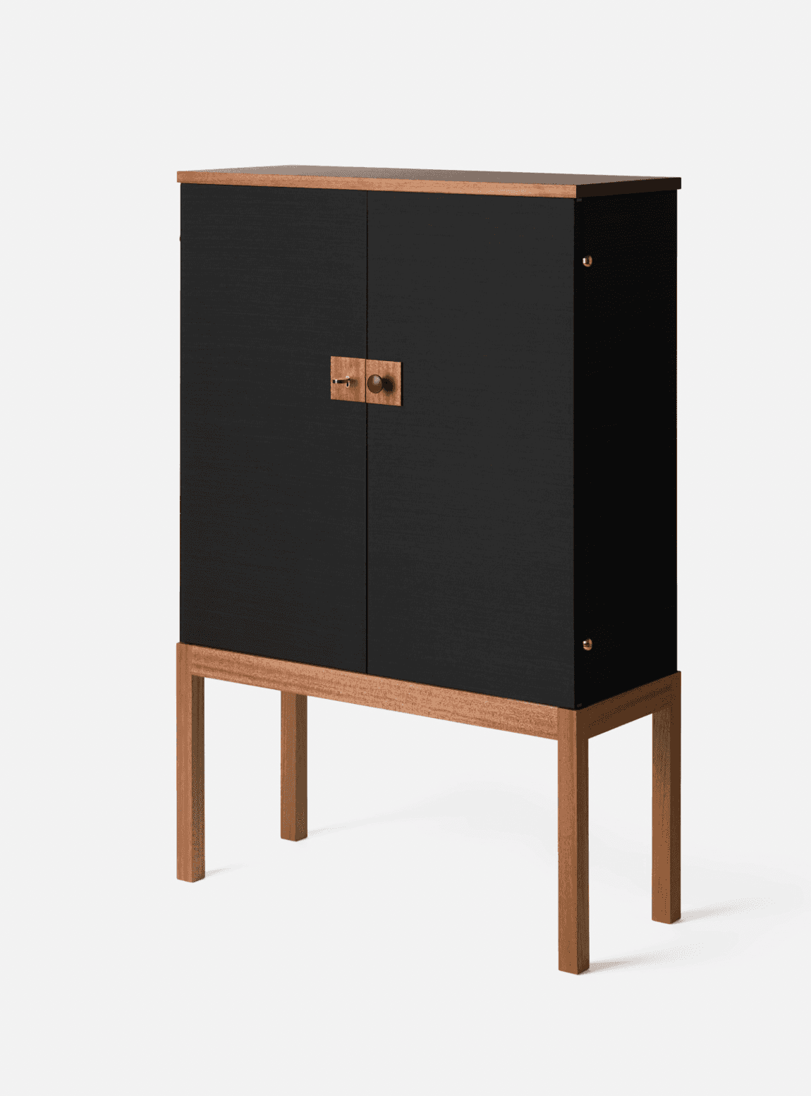 A sleek, modern two-door cabinet featuring a textured black body, a natural wood top, and a matching wooden base with four legs. It has distinctive circular wooden handles with brass accents. — 3D model