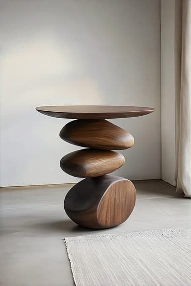 An organic modern side table with a circular dark walnut top and a sculptural base made of three stacked, irregularly shaped wooden elements, resembling polished stones. — 3D model