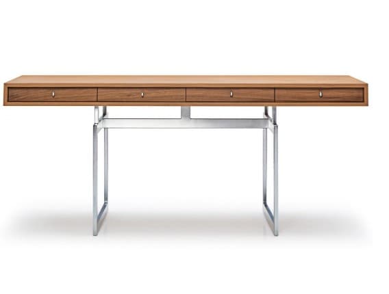 A long, rectangular desk featuring a light-toned wooden top with integrated drawers, supported by a polished chrome metal base. Its minimalist design suggests modern or contemporary aesthetics. — 3D model