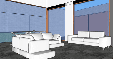 A digital rendering of a modern three-seater sofa with a minimalist design, featuring white upholstery, clean lines, block arms, and cylindrical metal legs. — 3D model