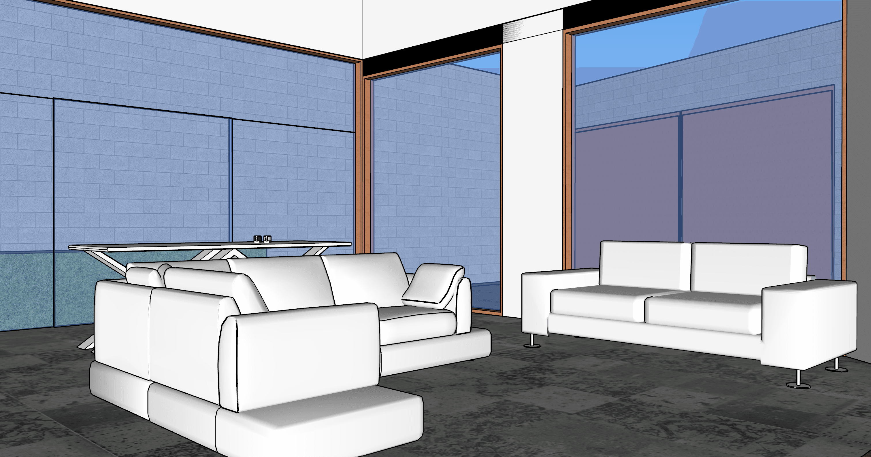 A digital rendering of a modern three-seater sofa with a minimalist design, featuring white upholstery, clean lines, block arms, and cylindrical metal legs. — 3D model