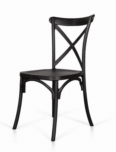 A black bentwood-style dining chair featuring a distinctive cross-back design, a contoured seat, and gently curved legs. The chair exhibits a classic bistro or farmhouse aesthetic, with a solid, uniform finish. — 3D model