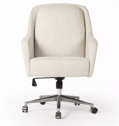 A light-colored fabric office chair with armrests and a five-star base with casters. The chair features a high back with a slightly curved top and integrated armrests that flow into the backrest. The upholstery appears to be a textured, woven fabric. The base is made of polished metal and includes a central pneumatic lift mechanism. — 3D model