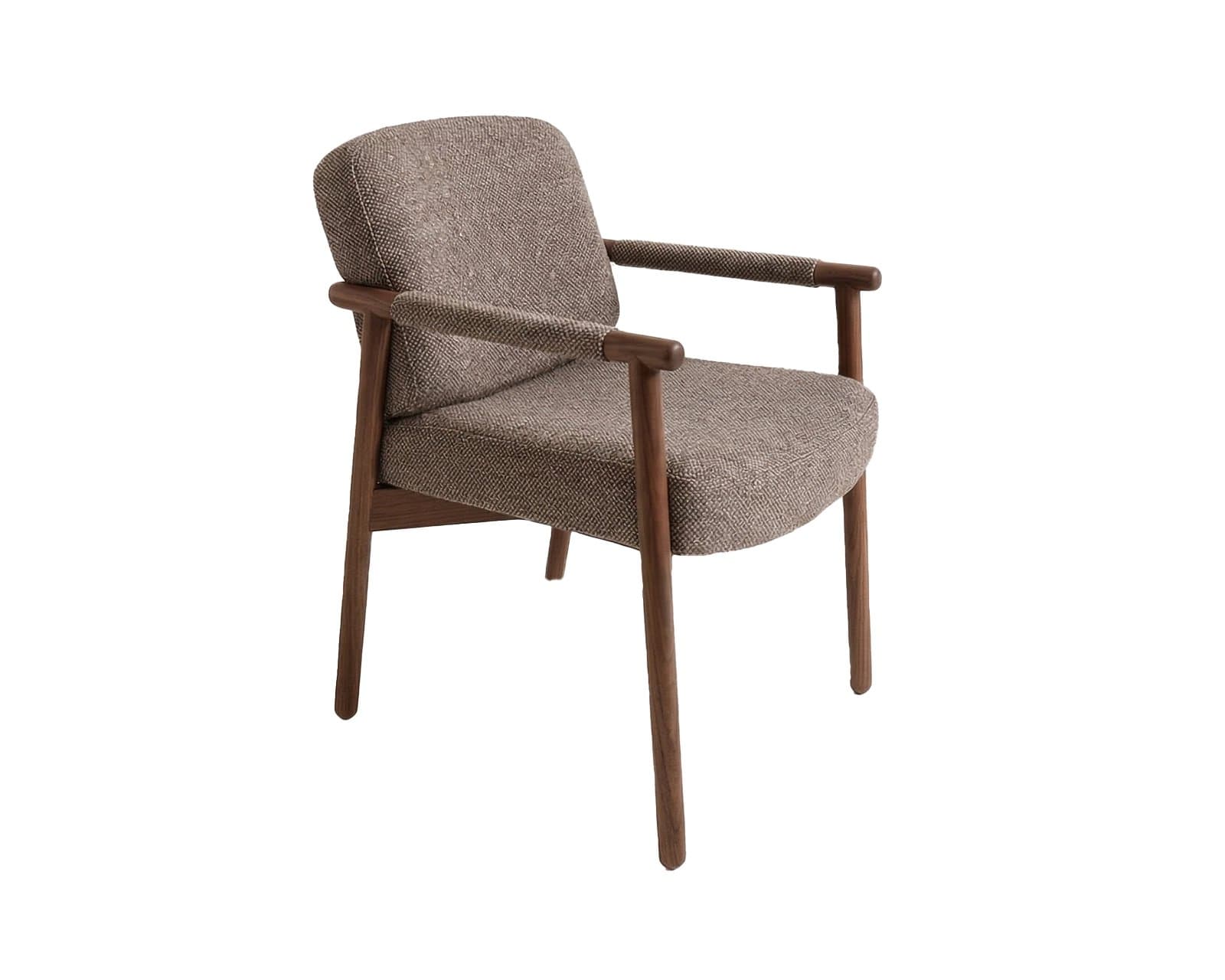 A modern armchair with a upholstered seat, back, and armrests, supported by a wooden frame. The frame consists of four tapered legs and a structural element that forms the arms. The upholstery has a textured weave. — 3D model
