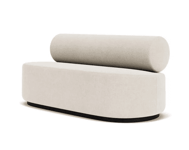 This is a modular lounge chair segment designed for flexible seating arrangements. It features a cylindrical backrest that sits atop a rounded, upholstered base. The overall form is soft and inviting, with clean lines and a neutral color palette. The base appears to be supported by a dark, low-profile plinth or frame, providing a subtle contrast to the light upholstery. — 3D model