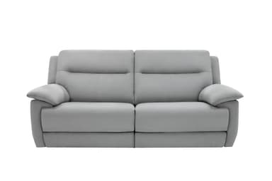 A contemporary two-seater reclining sofa upholstered in light gray faux leather. It features generously padded backrests, seats, and armrests for comfort. The reclining mechanism is controlled by a visible button on the side of each armrest, allowing individual adjustments for each seat. The sofa displays neat stitched detailing along the edges of its cushions and armrests, enhancing its modern aesthetic. — 3D model