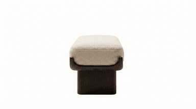 A modern, rectangular upholstered bench featuring a light beige, textured fabric seat atop a dark, solid wood frame. The frame has a distinctive curved design that cradles the upholstered top, supported by thick, rectangular wooden legs. A small metallic plaque, likely a brand emblem, is visible on the side of the wooden frame. — 3D model