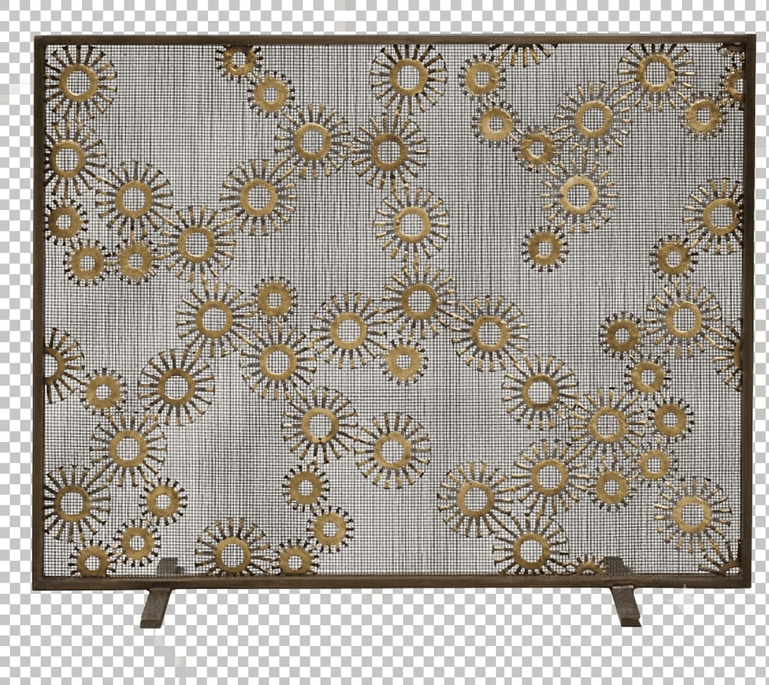 A rectangular fireplace screen featuring a dark metal frame and a fine, dark mesh panel. The mesh is adorned with numerous gold-toned, layered sunburst or starburst decorative elements of varying sizes, arranged in an organic, swirling pattern. The screen stands on two simple, sturdy feet made of the same dark metal as the frame. — 3D model