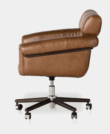 A classic executive-style office chair upholstered in rich cognac brown tufted leather. The chair features rolled armrests and a high backrest, both with button tufting. It sits on a five-star base with dark wood finish spokes and silver-toned casters, and includes a swivel mechanism and height adjustment lever. — 3D model