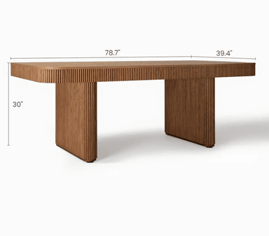 A rectangular dining table crafted from wood, featuring prominent vertical fluting on its broad pedestal bases and along the sides of the tabletop. The tabletop has subtly rounded corners. — 3D model