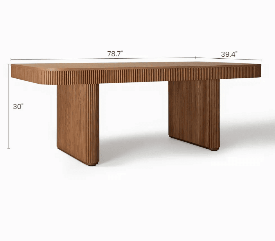 A rectangular dining table crafted from wood, featuring prominent vertical fluting on its broad pedestal bases and along the sides of the tabletop. The tabletop has subtly rounded corners. — 3D model