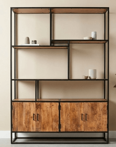 A tall, industrial-style shelving unit featuring a black metal frame and light brown wooden shelves and cabinet doors. The unit combines open shelving with closed storage compartments at the bottom. The shelving layout is partly asymmetrical, creating varied display spaces. The overall aesthetic is raw and functional, characteristic of industrial design. — 3D model
