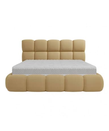 A modern tufted bed frame with a large, upholstered headboard and footboard, shown with a white mattress. The frame and headboard are upholstered in a beige or tan fabric, featuring a grid pattern of square tufts. The mattress has a white cover with a repeating geometric pattern of small black dots. — 3D model