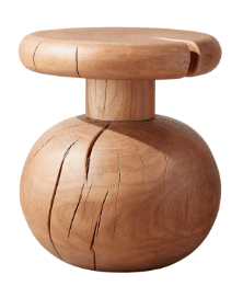 A small, sculptural stool crafted from a solid piece of natural wood, featuring a thick round top, a short cylindrical stem, and a spherical base, with visible natural cracks. — 3D model