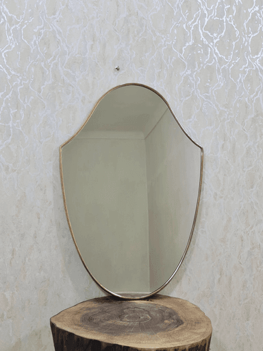 A wall-mounted mirror featuring a distinctive scalloped, shield-like silhouette. The mirror is framed by a slender, polished brass border, giving it an elegant and classic appearance. The glass surface reflects light, and the overall design suggests a blend of traditional and contemporary aesthetics. — 3D model