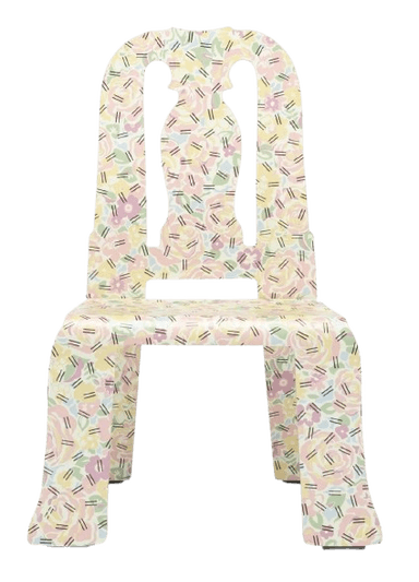 A single chair with a distinctly decorative pattern. The chair features a high, arched back with two cut-out silhouette figures, a seat, and four legs. The entire surface of the chair is covered in a repeating pattern of stylized flowers and dashes in pastel shades of pink, yellow, green, and blue, overlaid with thin black lines that create a textured effect. The legs have a subtle flare at the base. The overall form suggests a modern or post-modern design. — 3D model