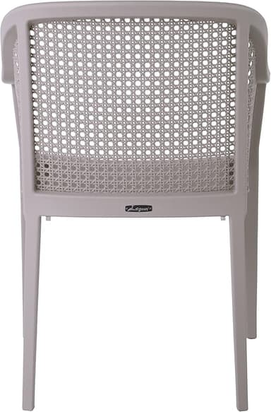 A light grey or beige plastic armchair featuring a backrest molded to resemble a cane woven pattern. The chair has a solid frame with integrated armrests and four tapered legs. The design suggests it is suitable for indoor or outdoor use and is likely stackable for storage. — 3D model
